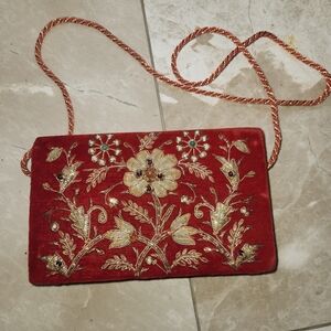 Sudha Red and Gold With Semi-precious Stones & Floral Embroidered Clutch